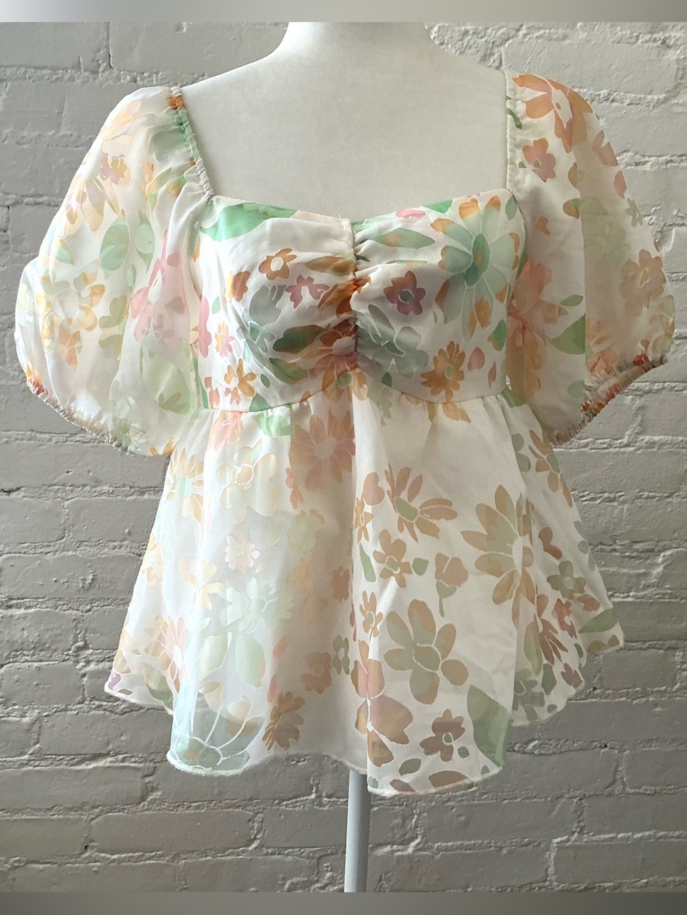 BaeVely Puff Sleeve Semi-Sheer Lined Floral Babydoll Top Feminine Coquette L